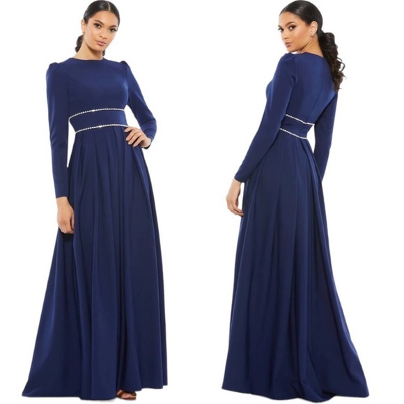 NWT Mac Duggal Size 4 Navy Empire Waist Long Sleeve Pleated Gown - Picture 1 of 10